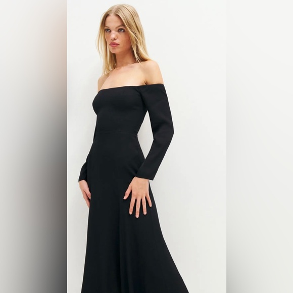 Reformation Ballari Dress in Black Midi Off Shoulder Long Sleeves Size 0 - Picture 15 of 17